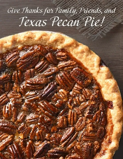 Close-up of pecan pie and text